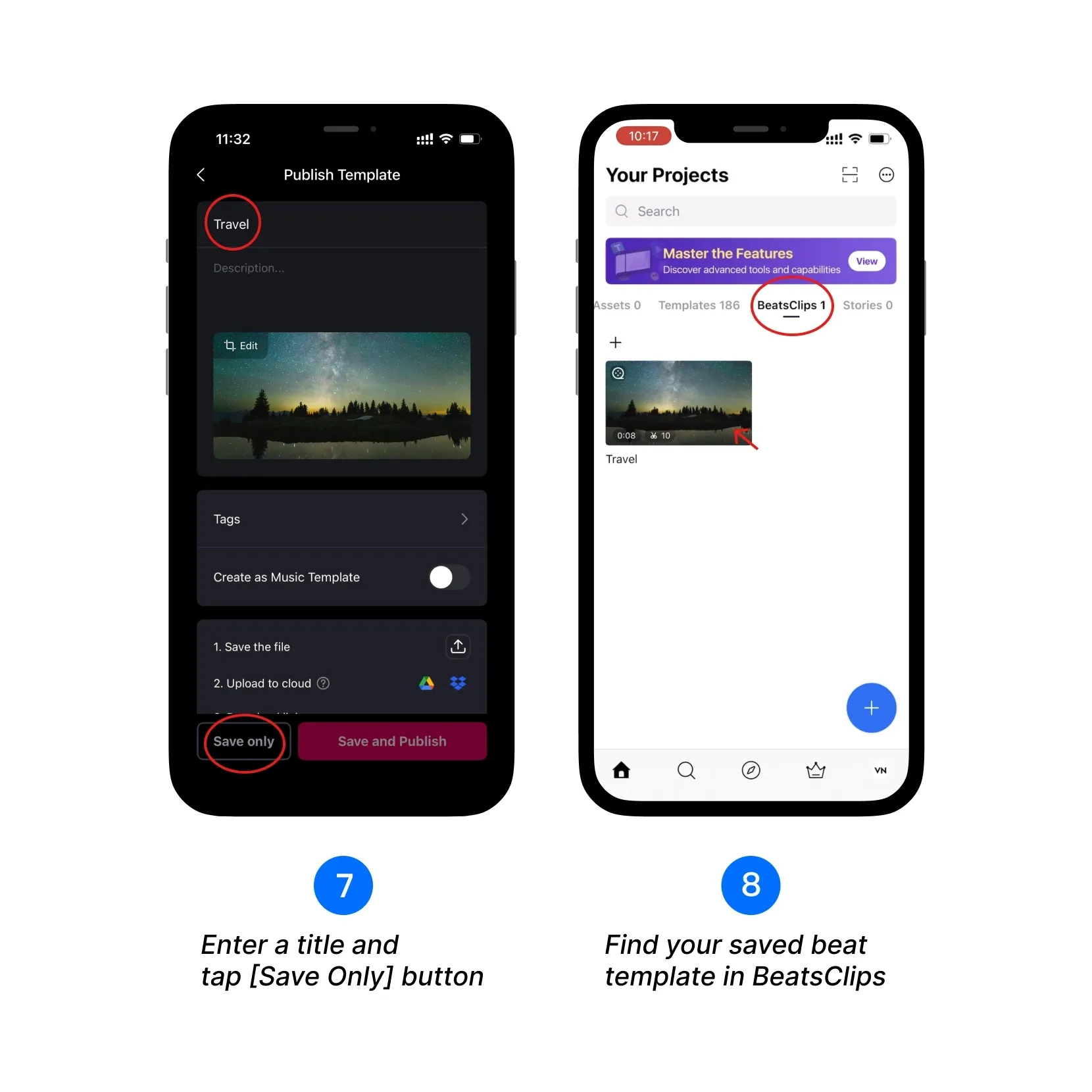 Enter a title and tap Save Only, then find your saved beat template in BeatsClips