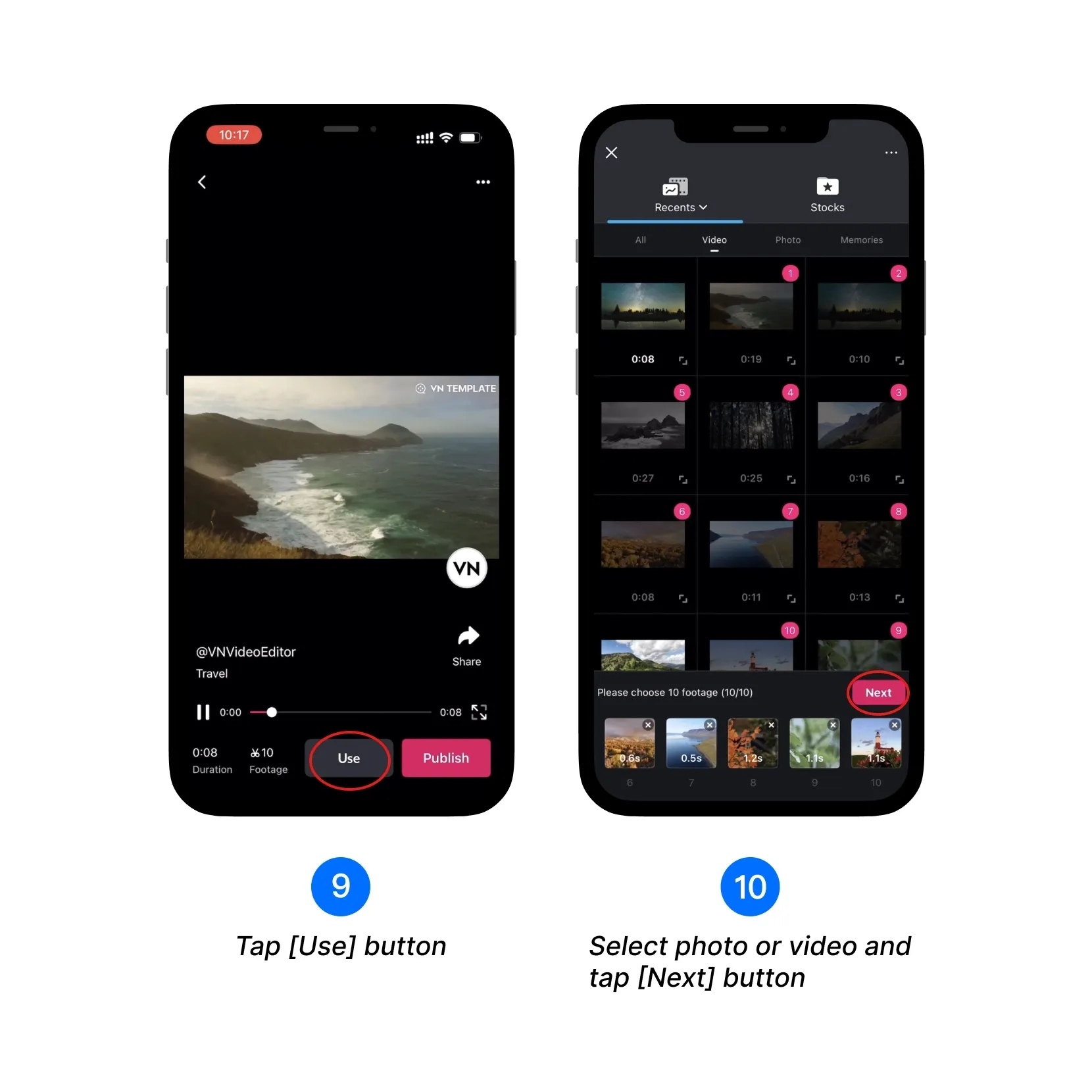 Tap Use, select photos or videos, tap Next