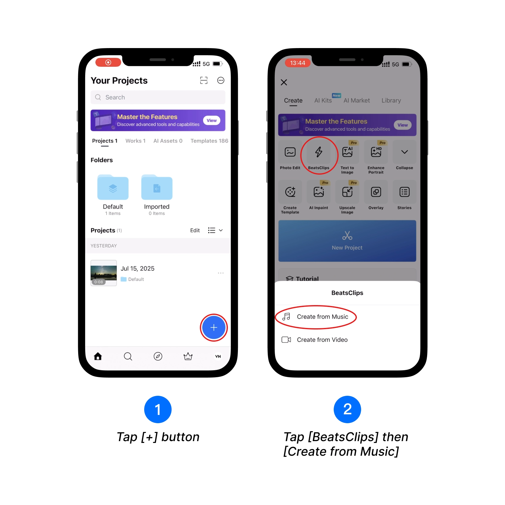 Tap [+] button, Select [BeatsClips], then tap [Create from Music] button