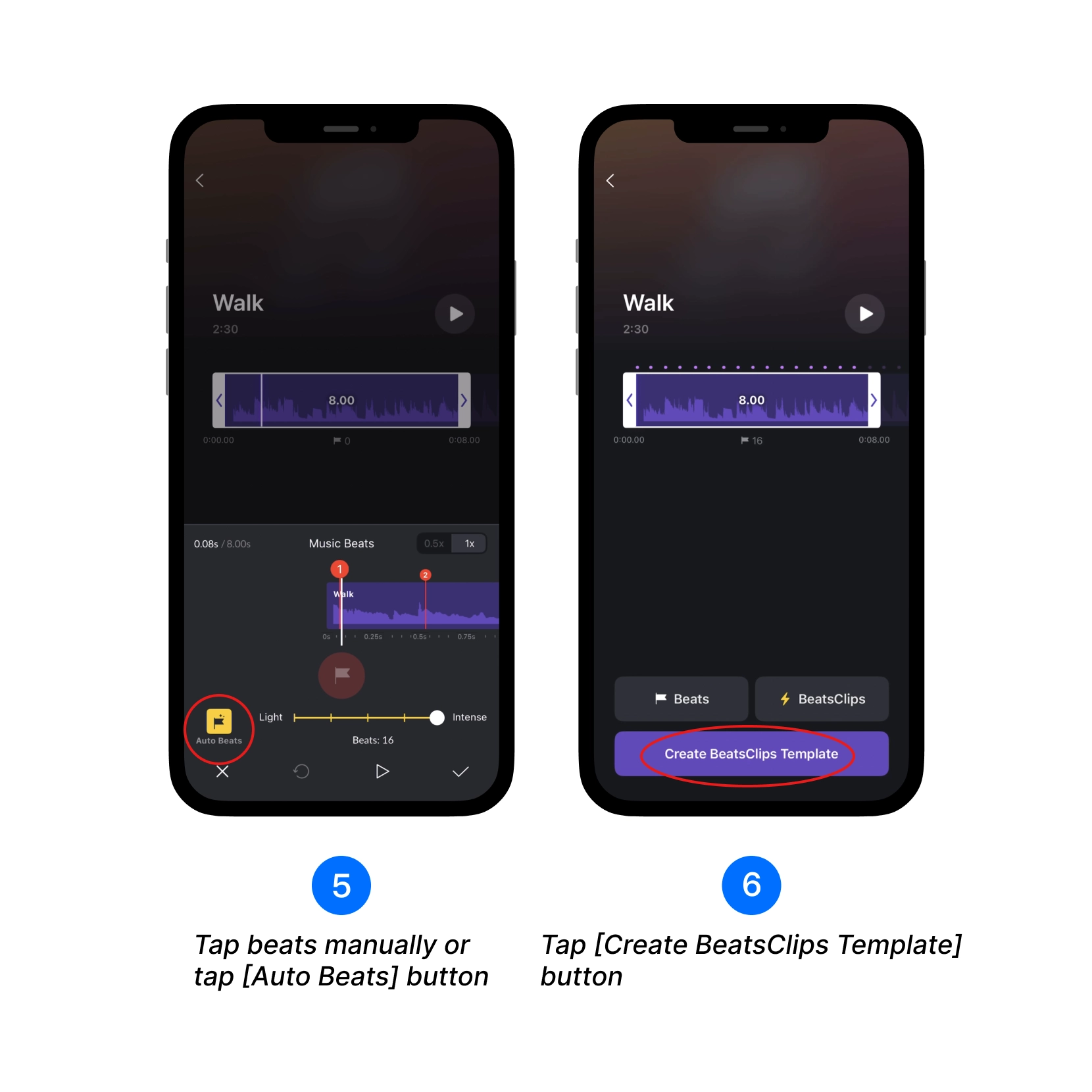 Manually tap to mark beats or tap the [Auto Beats] button, Tap the [Create BeatsClips Template] button