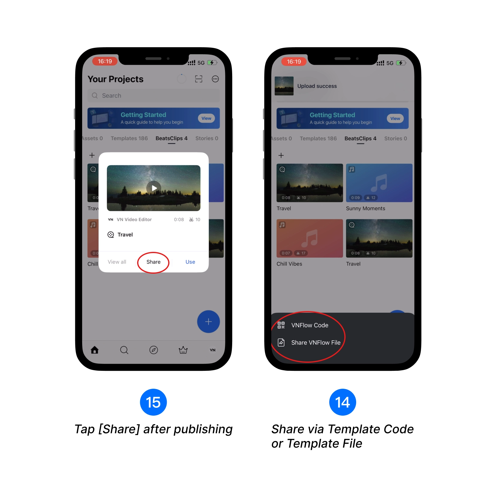 Tap [Share] after publishing, Share via Template Code or Template File
