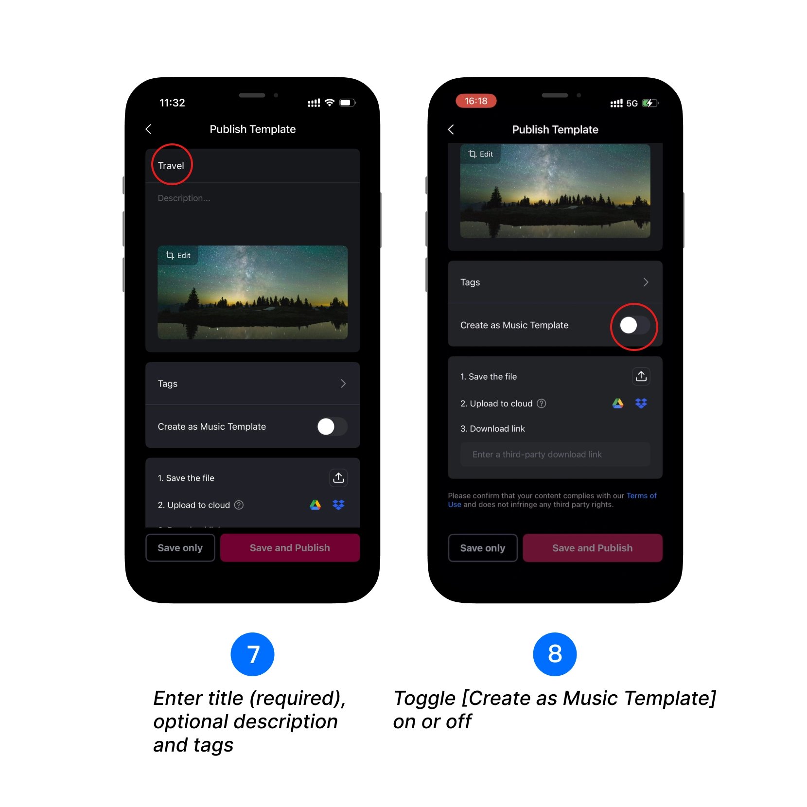 Enter title (required), optional description and tags, Toggle [Create as Music Template] on or off