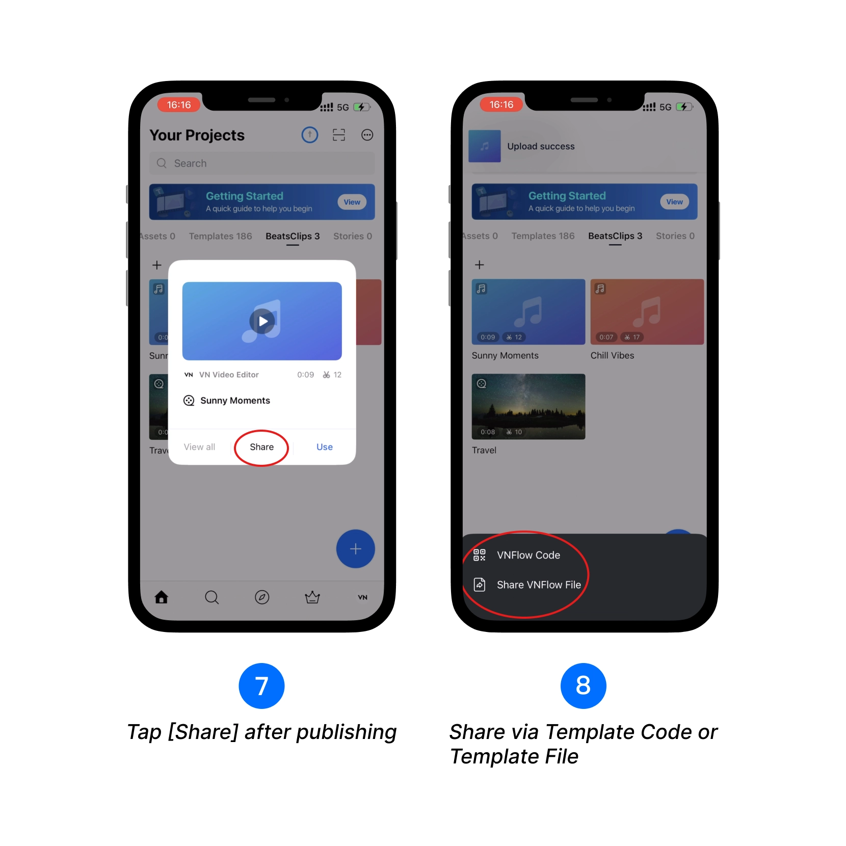Tap [Share] after publishing, Share the Template Code or Template File