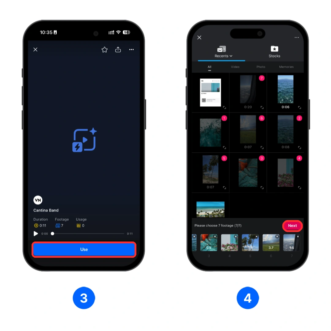 Use the VN Template and select the required photos or videos