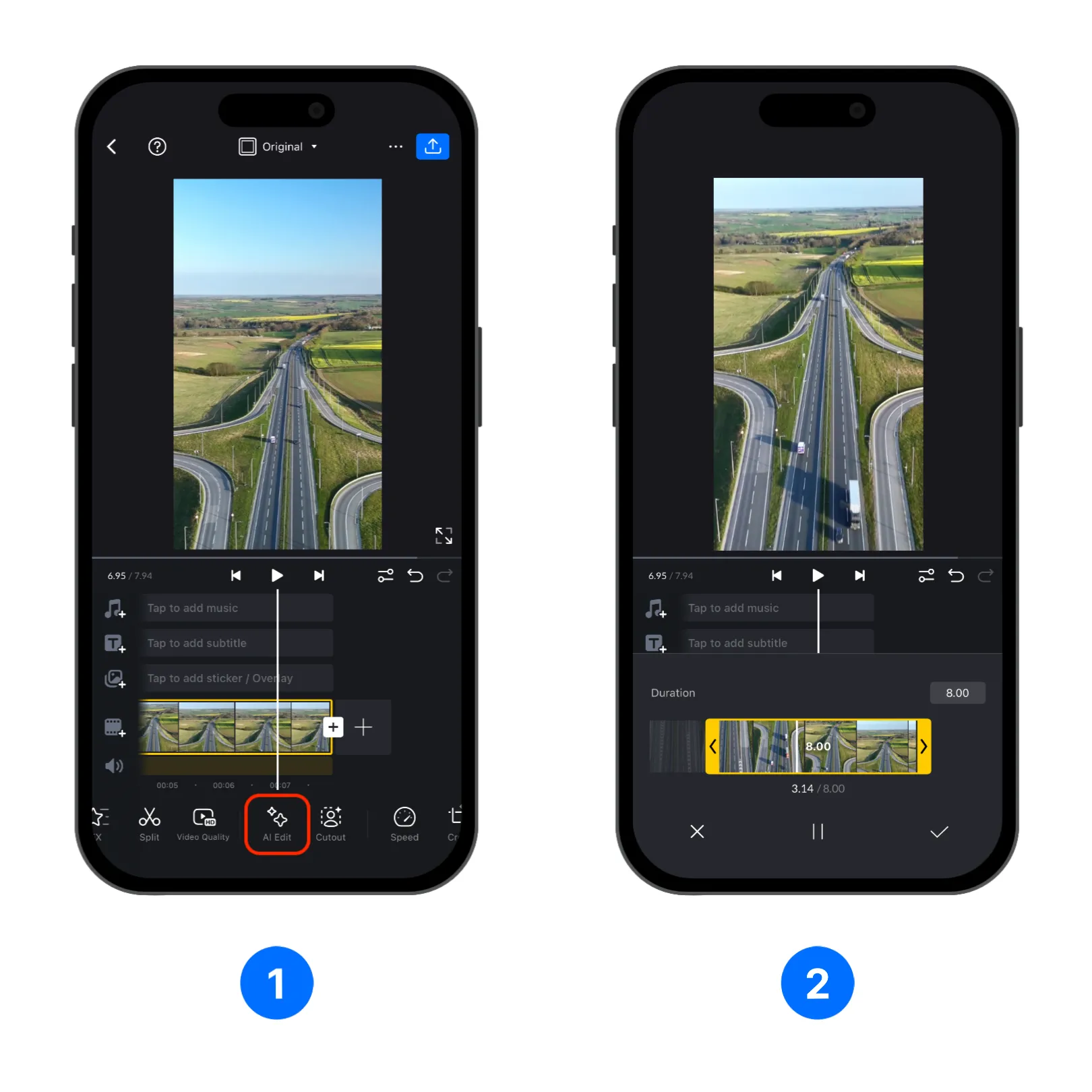 Find AI Edit in the bottom toolbar, then choose a section of the selected clip