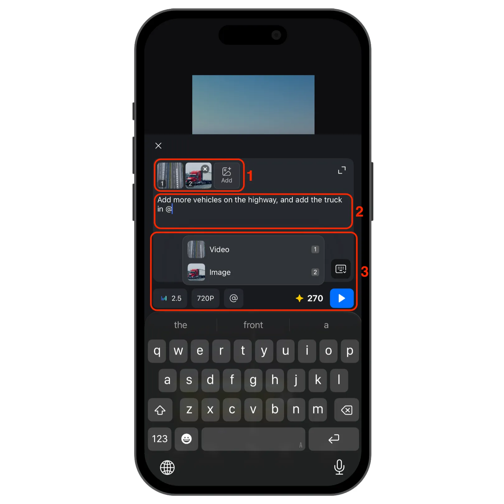 Write an AI Edit prompt, add image references, and use @ to select a video or image