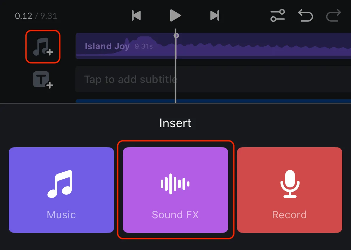 Open the insert menu from the audio track