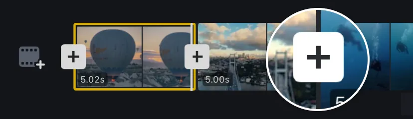 Import at least two video clips, then tap the + between the clip thumbnails