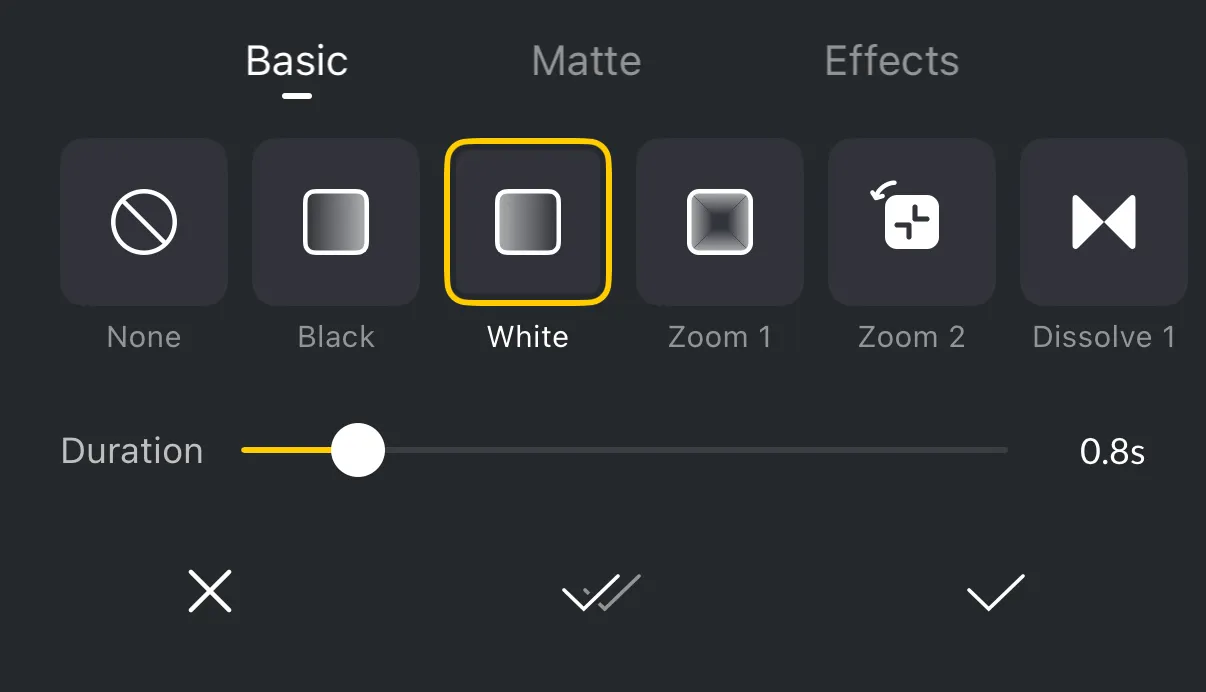 Choose a transition category, select a transition, and apply it