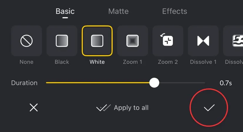 Choose a transition category, select a transition, and apply it