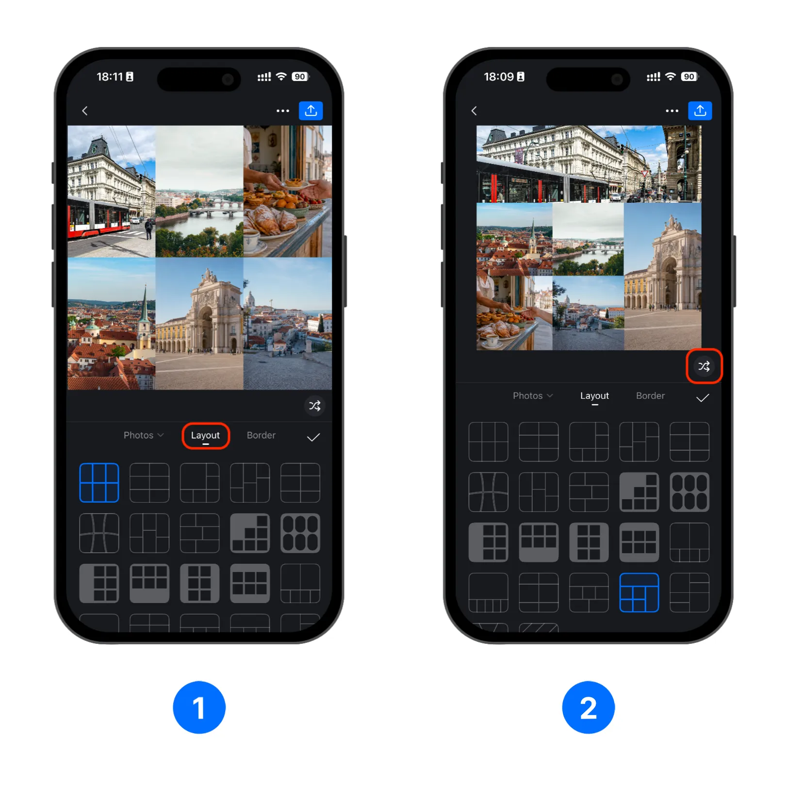 Select a layout for the collage or use shuffle to try different styles