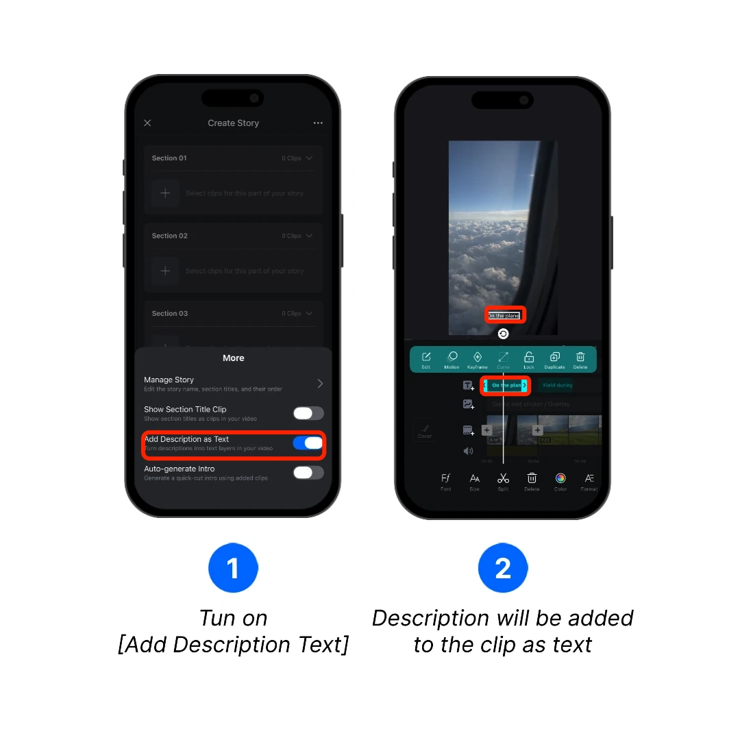 Add clip descriptions to the generated video as text