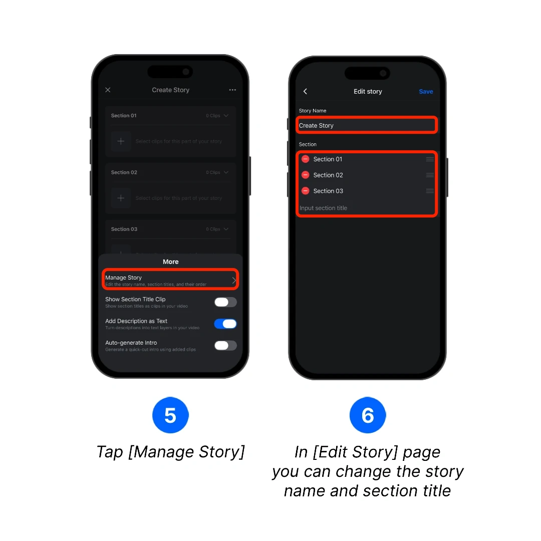 Edit the Story name and section titles
