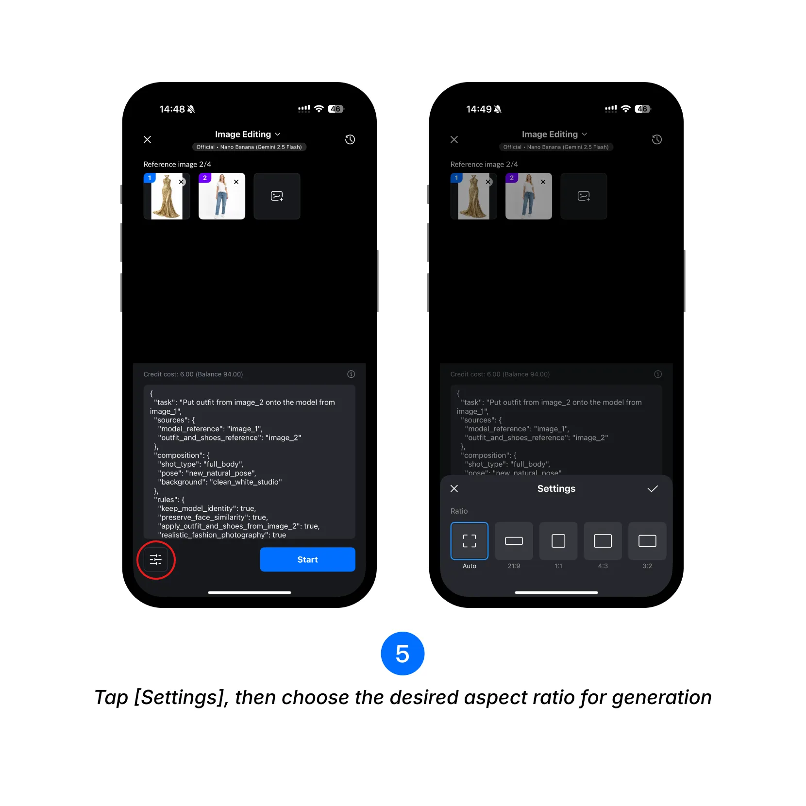 Tap Settings, then choose the desired aspect ratio for generation.