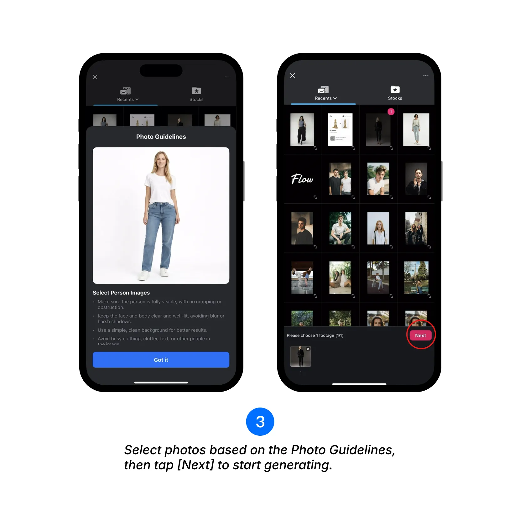 Select photos based on the Photo Guidelines, then tap Next to start generating.