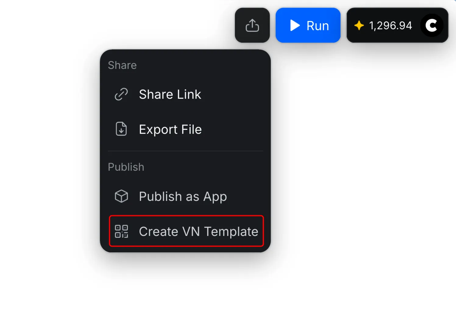 Create VN Template option in the CawCut Share menu