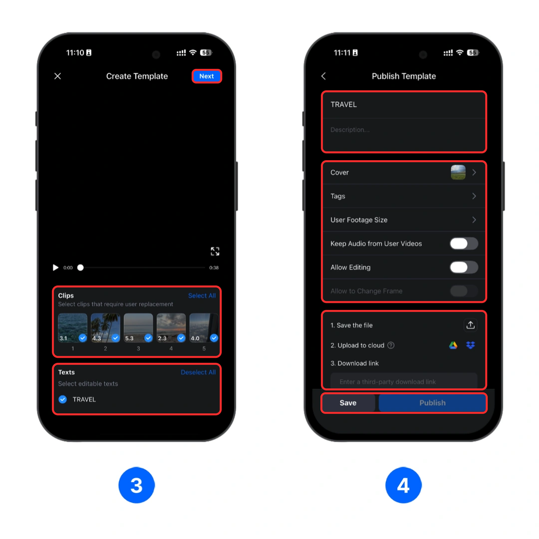 Select replaceable content and configure the publishing settings