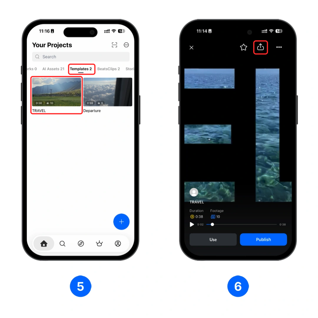Find the saved template and share it from the preview screen